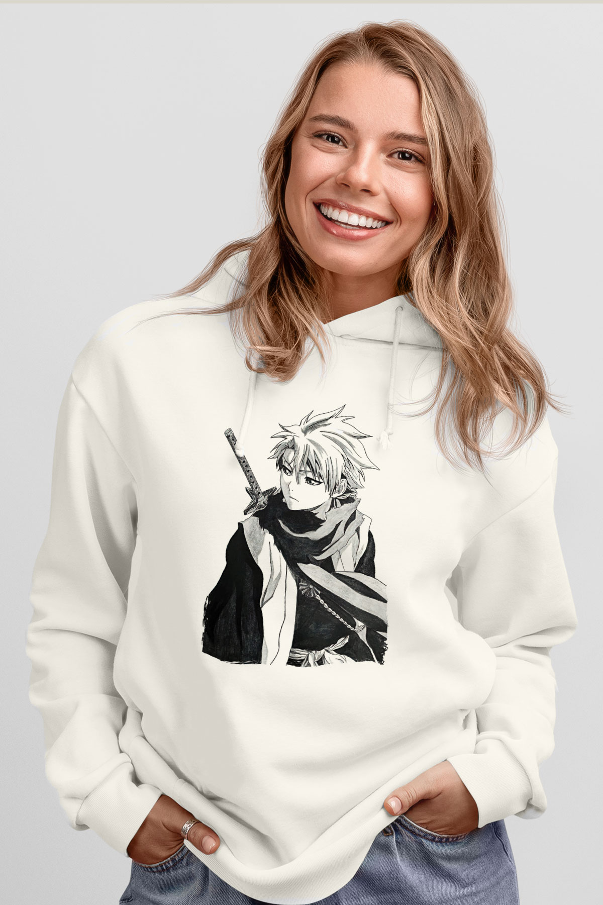 Bleach Baskılı Beyaz Unisex Hoodie