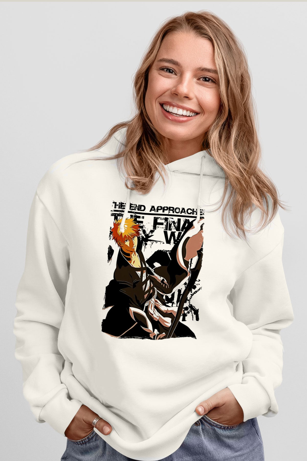 Bleach Baskılı Beyaz Unisex Hoodie