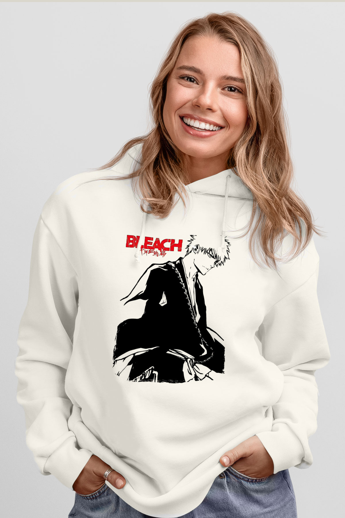 Bleach Baskılı Beyaz Unisex Hoodie