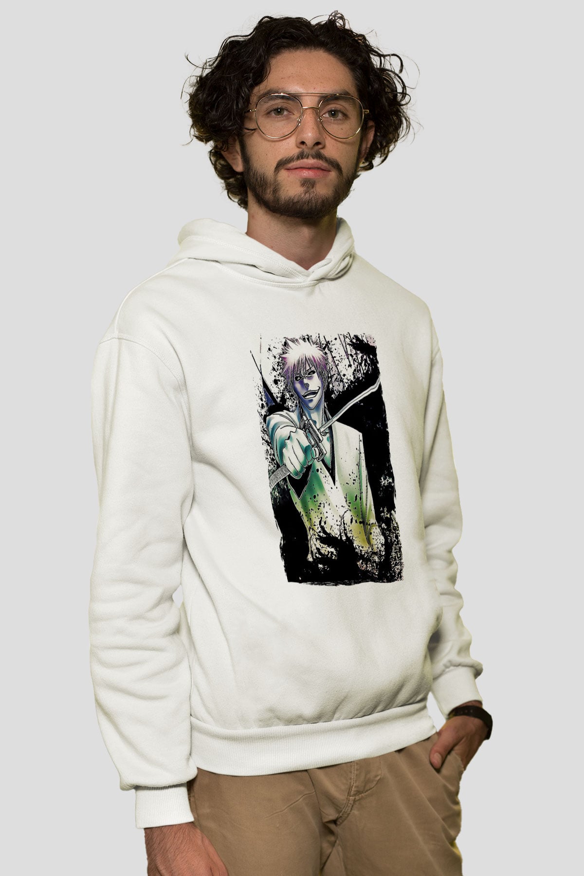 Bleach Baskılı Beyaz Unisex Hoodie