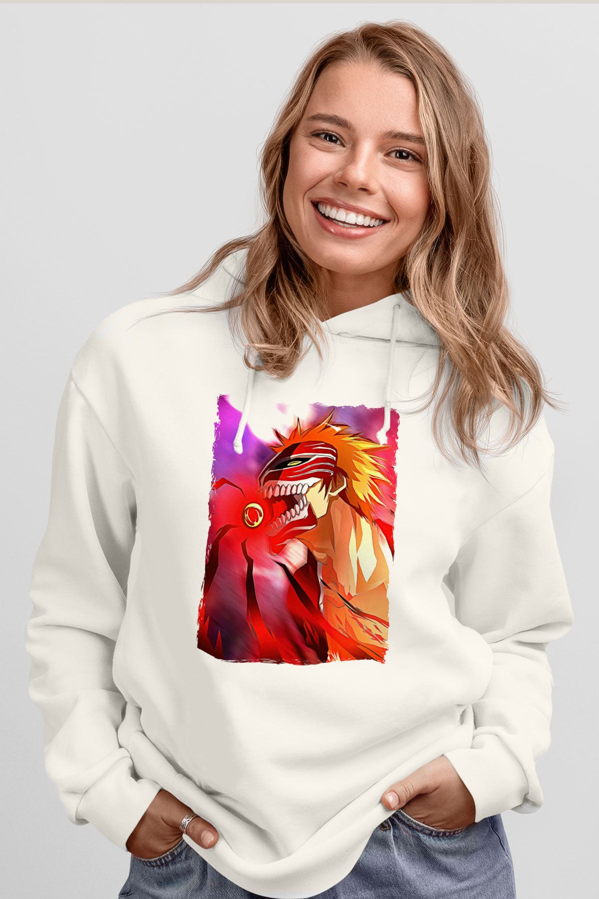 Bleach Baskılı Beyaz Unisex Hoodie