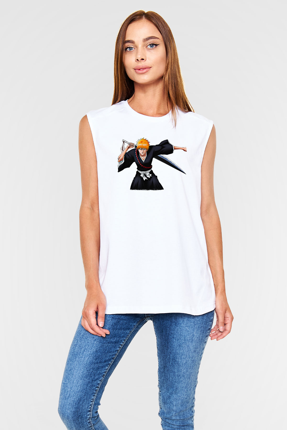 Bleach Baskılı Beyaz Unisex Kolsuz Tişört - Tshirt