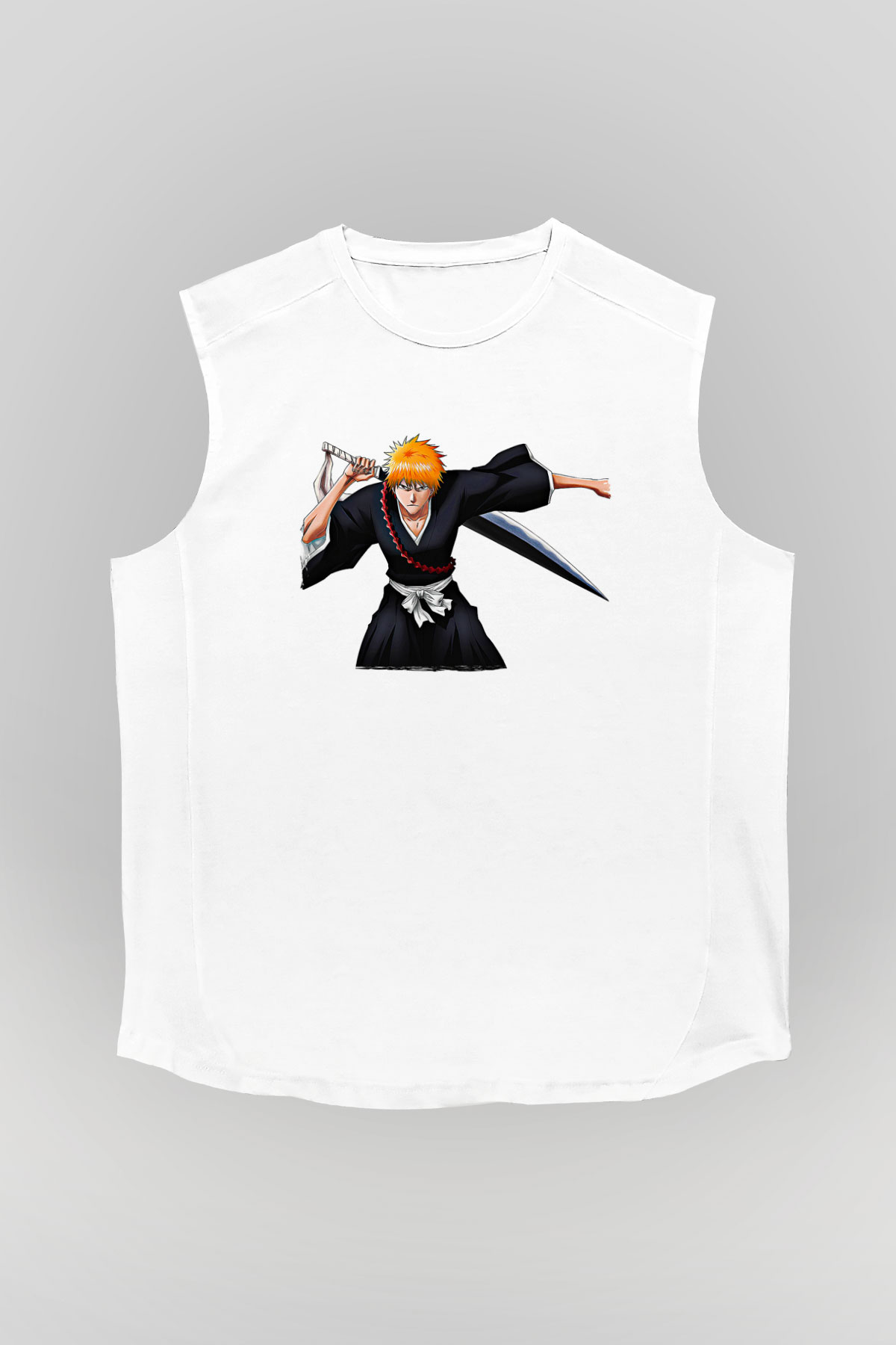 Bleach Baskılı Beyaz Unisex Kolsuz Tişört - Tshirt