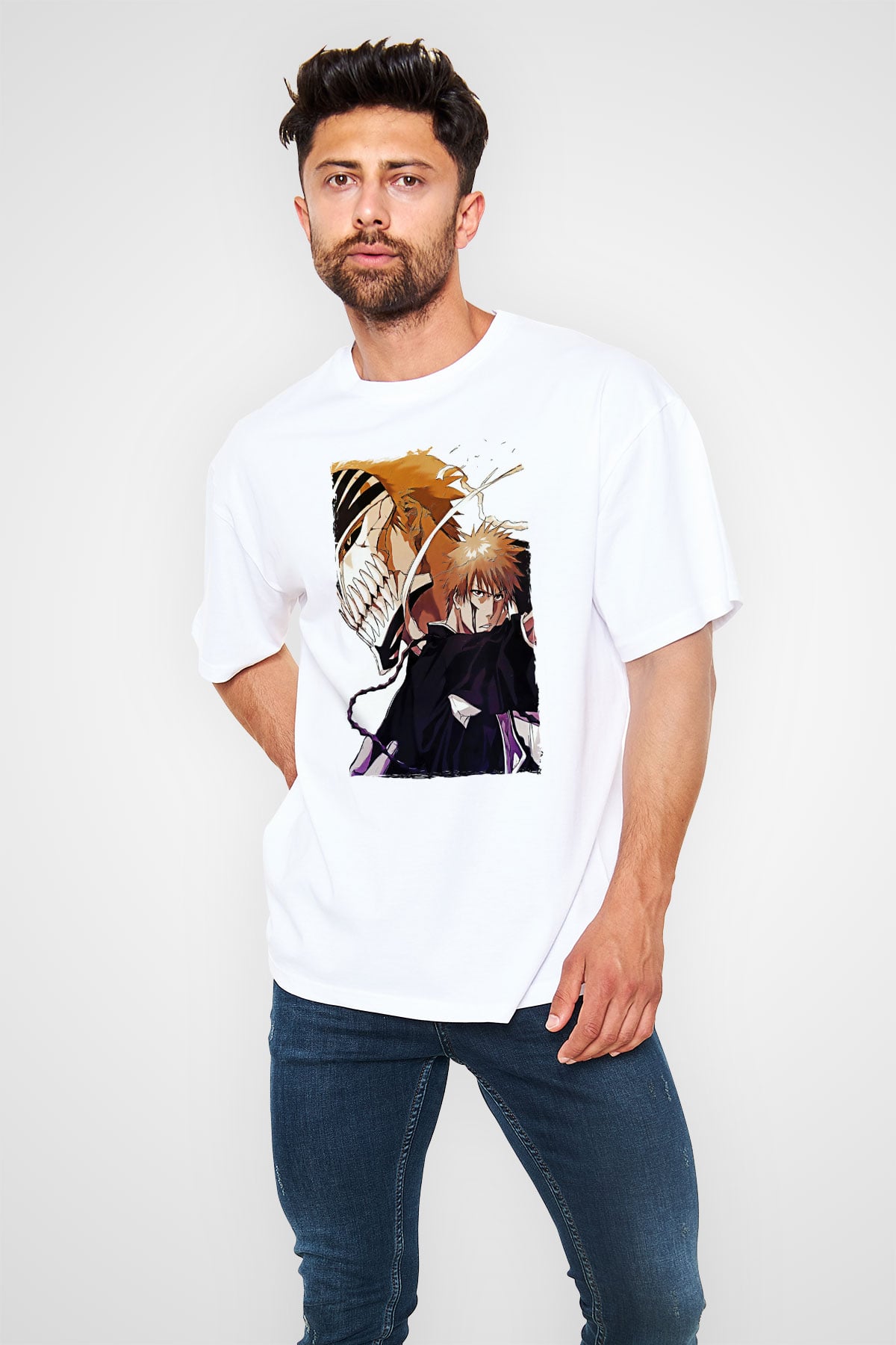 Bleach Baskılı Beyaz Unisex Oversize Tişört - Tshirt