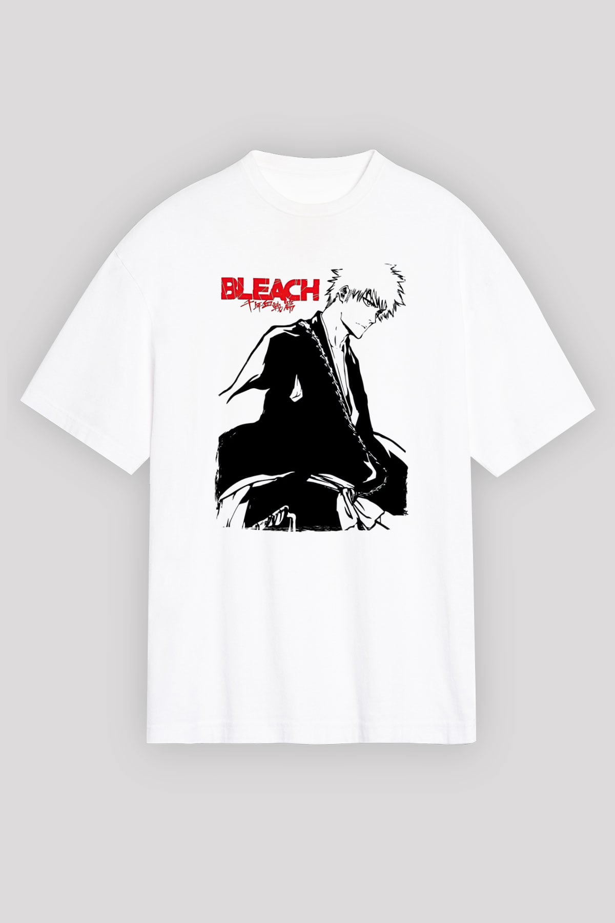 Bleach Baskılı Beyaz Unisex Oversize Tişört - Tshirt