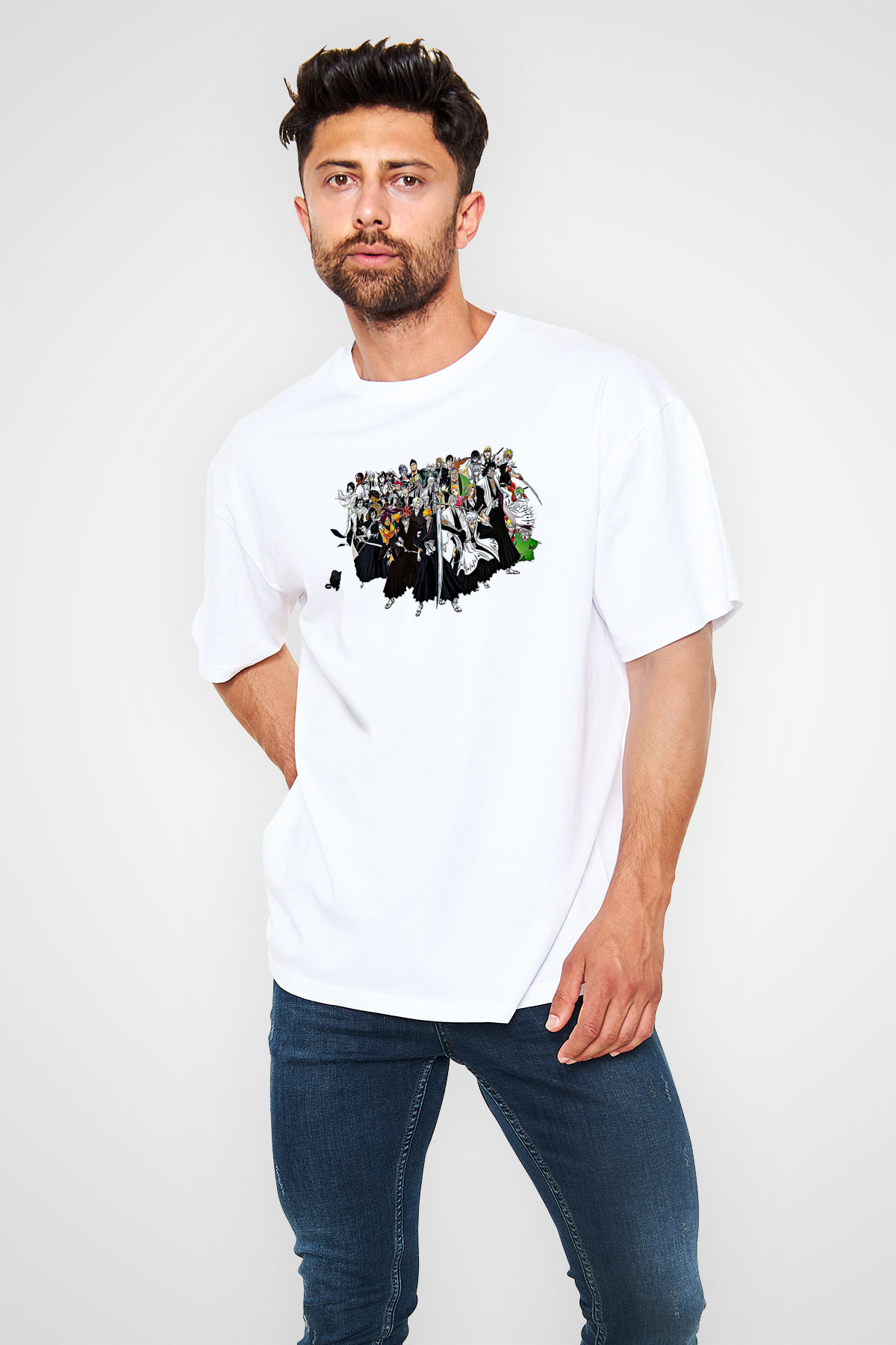 Bleach Baskılı Beyaz Unisex Oversize Tişört - Tshirt