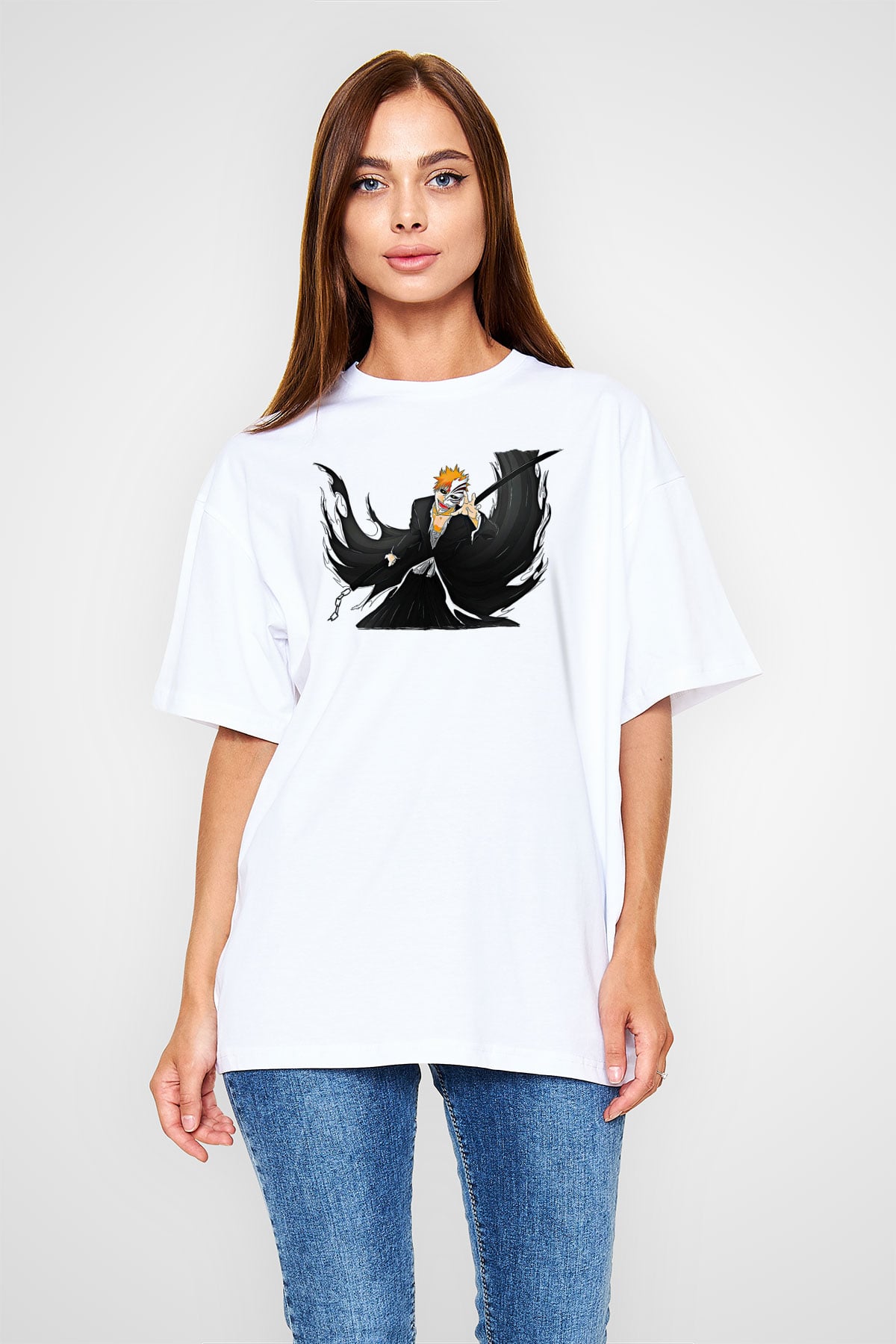 Bleach Baskılı Beyaz Unisex Oversize Tişört - Tshirt