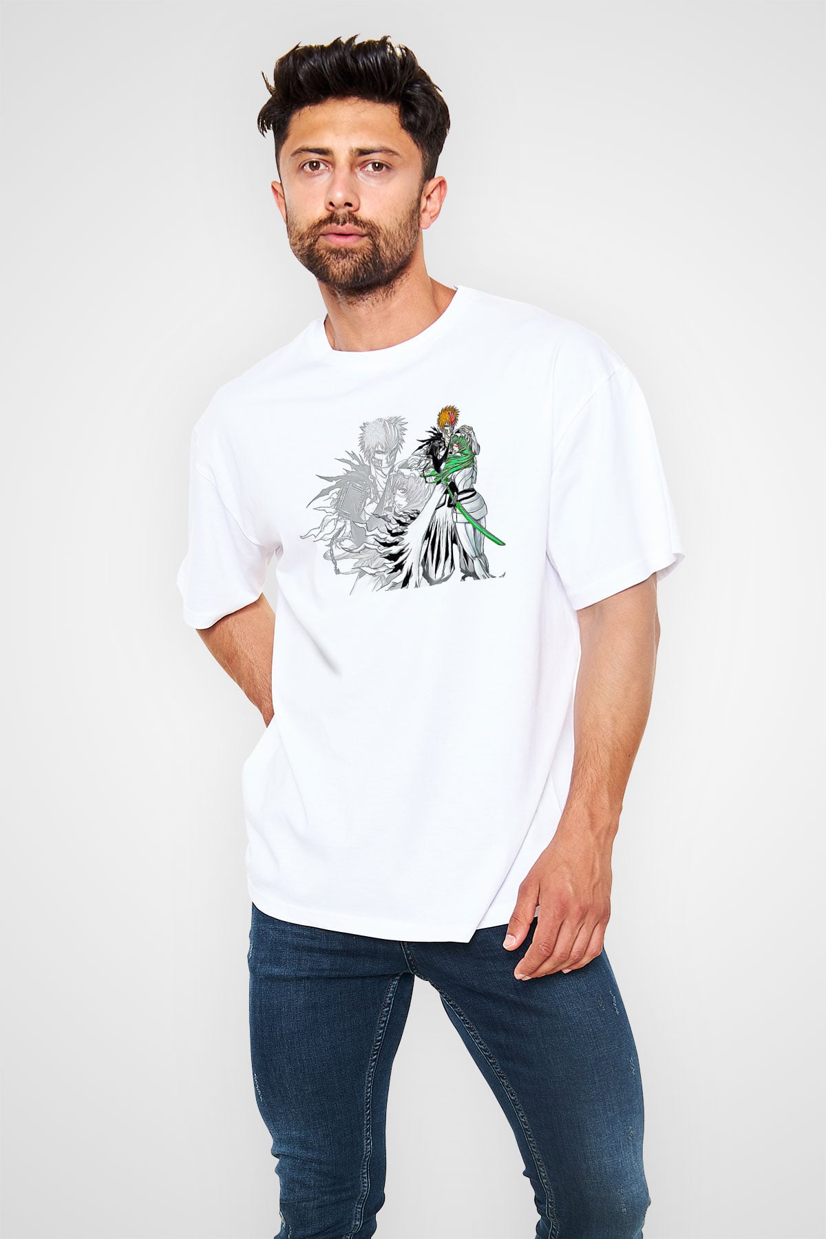 Bleach Baskılı Beyaz Unisex Oversize Tişört - Tshirt
