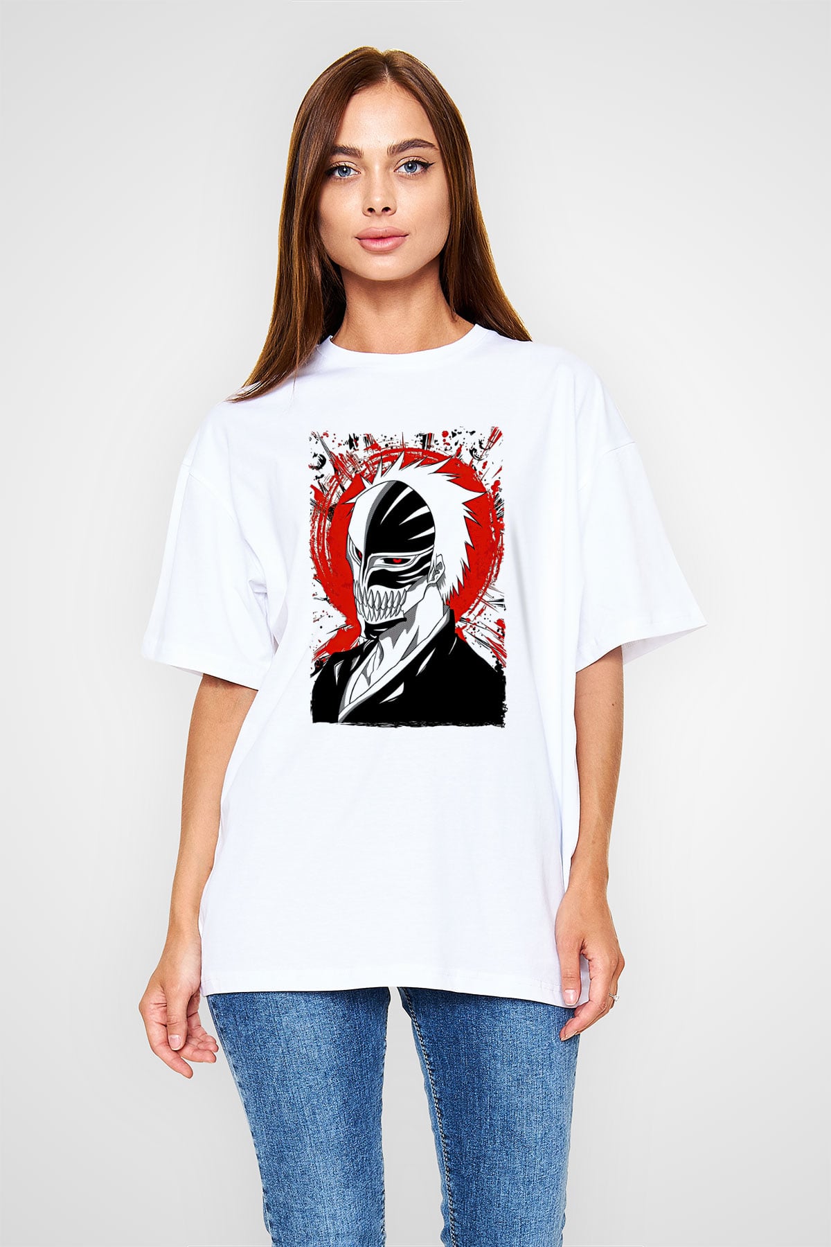Bleach Baskılı Beyaz Unisex Oversize Tişört - Tshirt