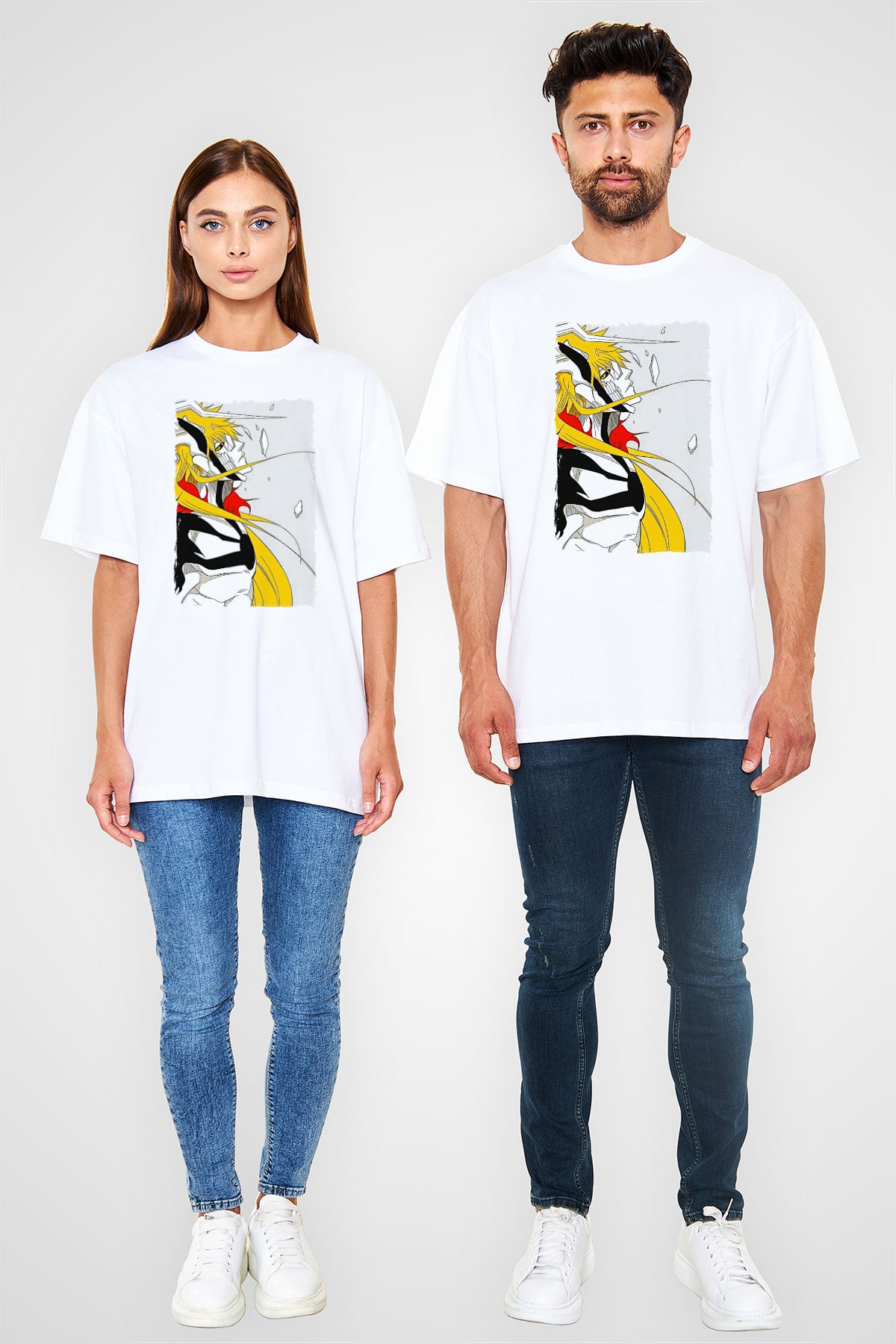 Bleach Baskılı Beyaz Unisex Oversize Tişört - Tshirt