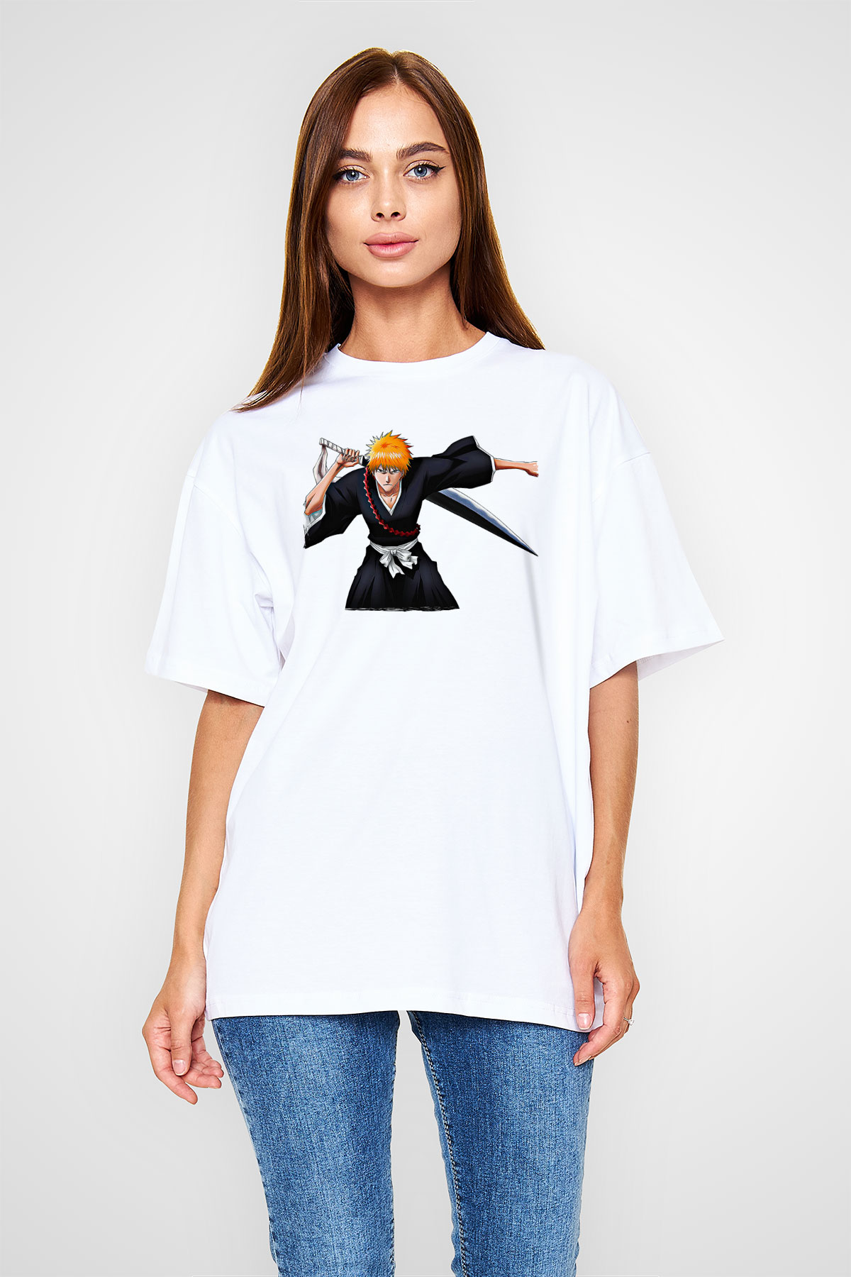 Bleach Baskılı Beyaz Unisex Oversize Tişört - Tshirt