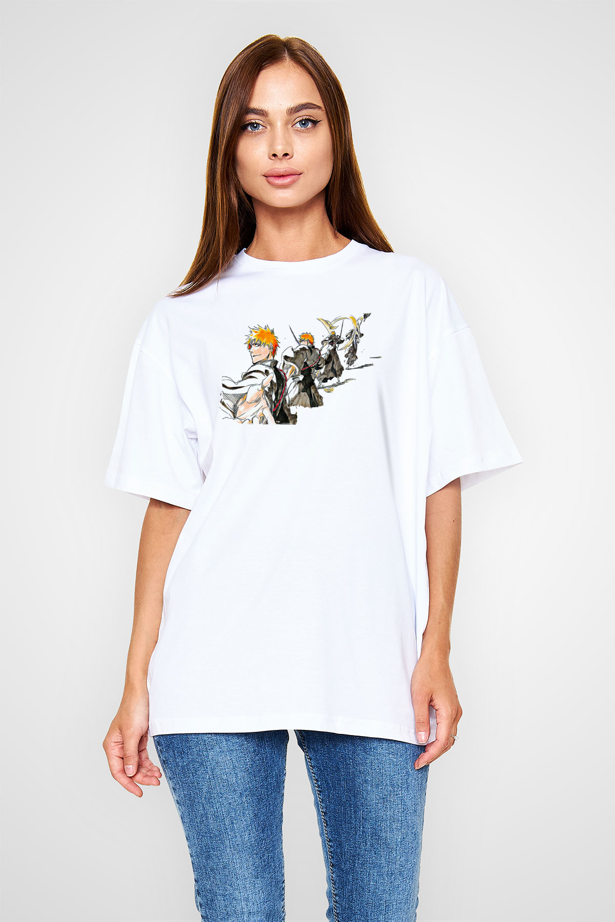 Bleach Baskılı Beyaz Unisex Oversize Tişört - Tshirt