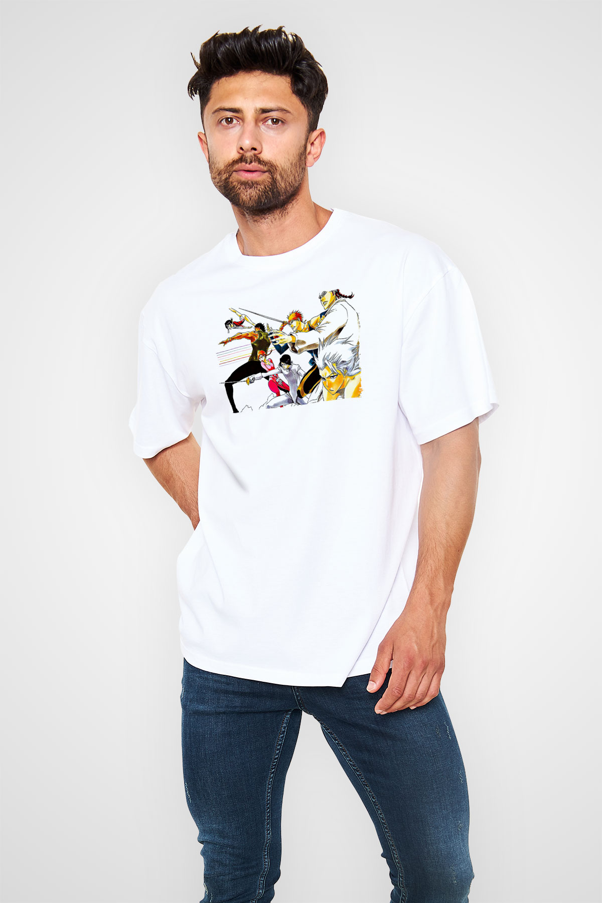 Bleach Baskılı Beyaz Unisex Oversize Tişört - Tshirt