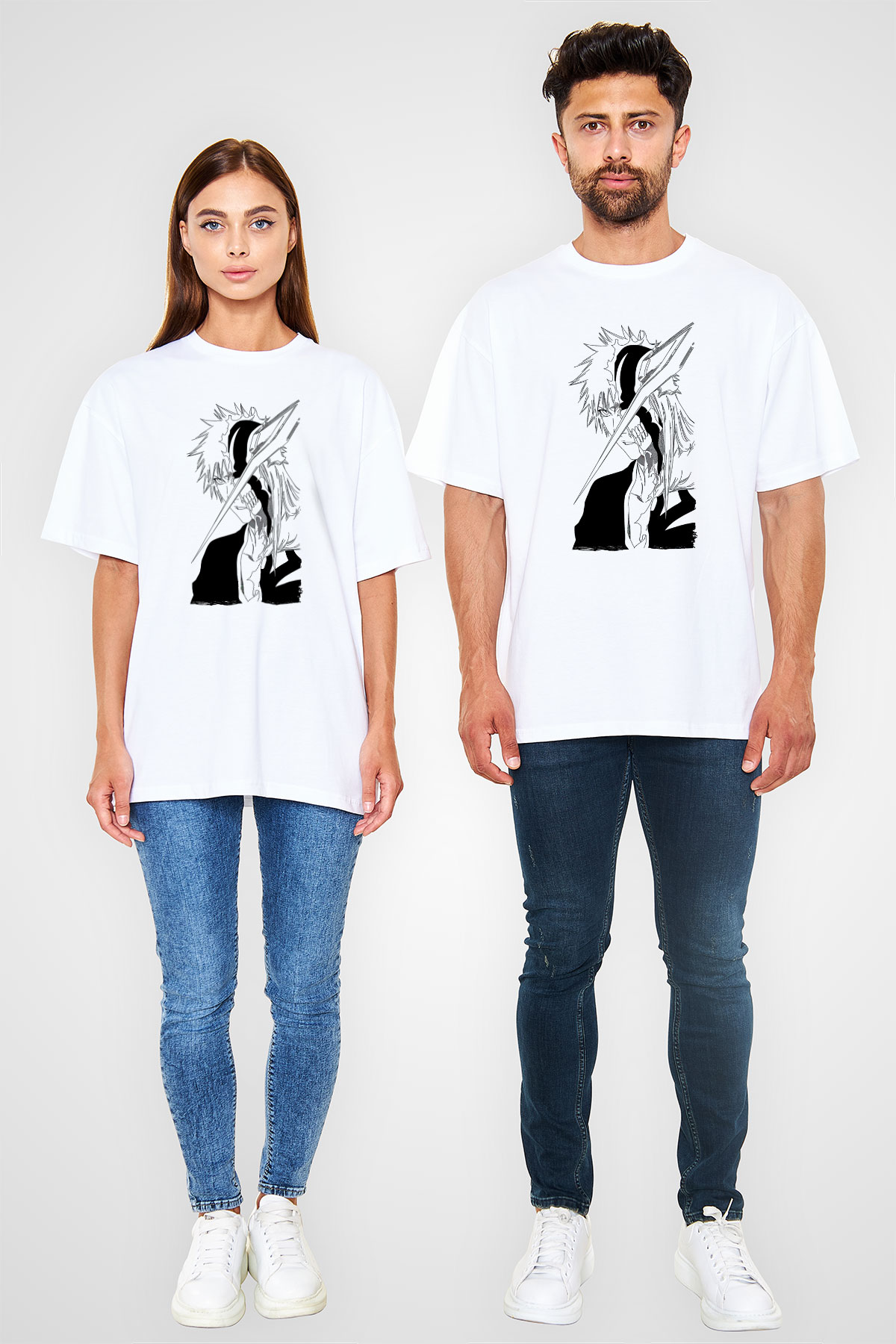 Bleach Baskılı Beyaz Unisex Oversize Tişört - Tshirt