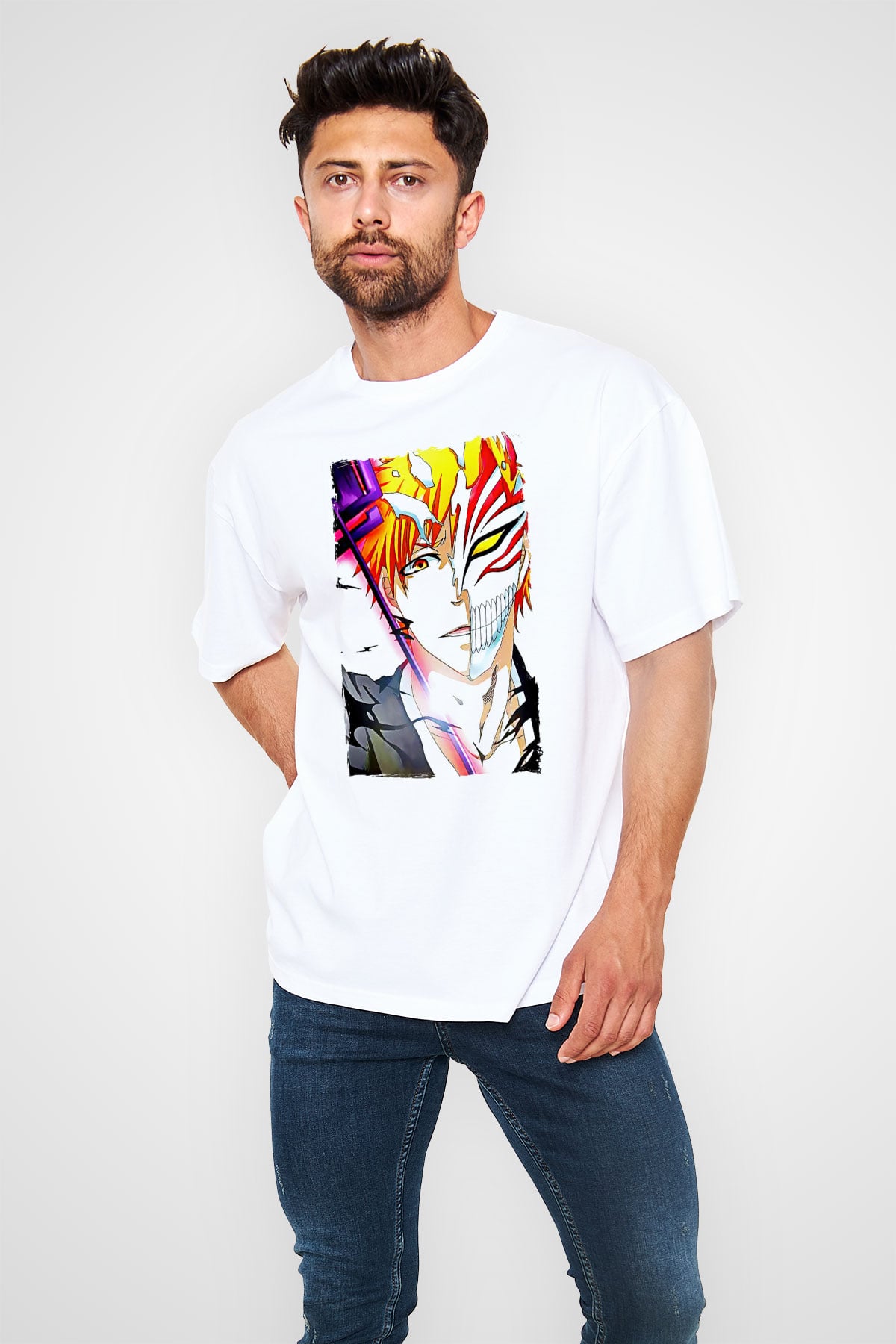 Bleach Baskılı Beyaz Unisex Oversize Tişört - Tshirt