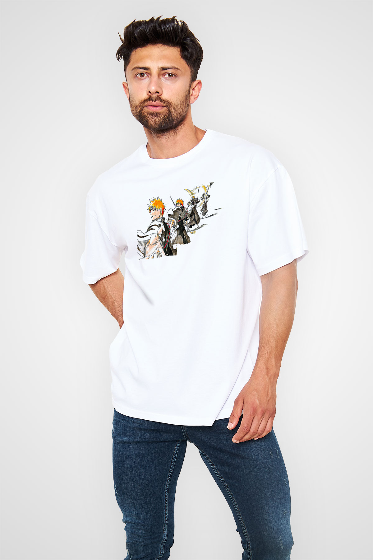 Bleach Baskılı Beyaz Unisex Oversize Tişört - Tshirt
