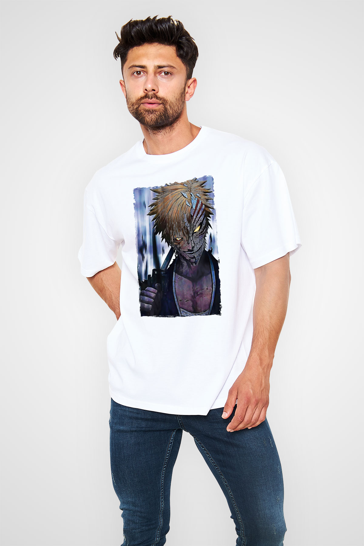 Bleach Baskılı Beyaz Unisex Oversize Tişört - Tshirt