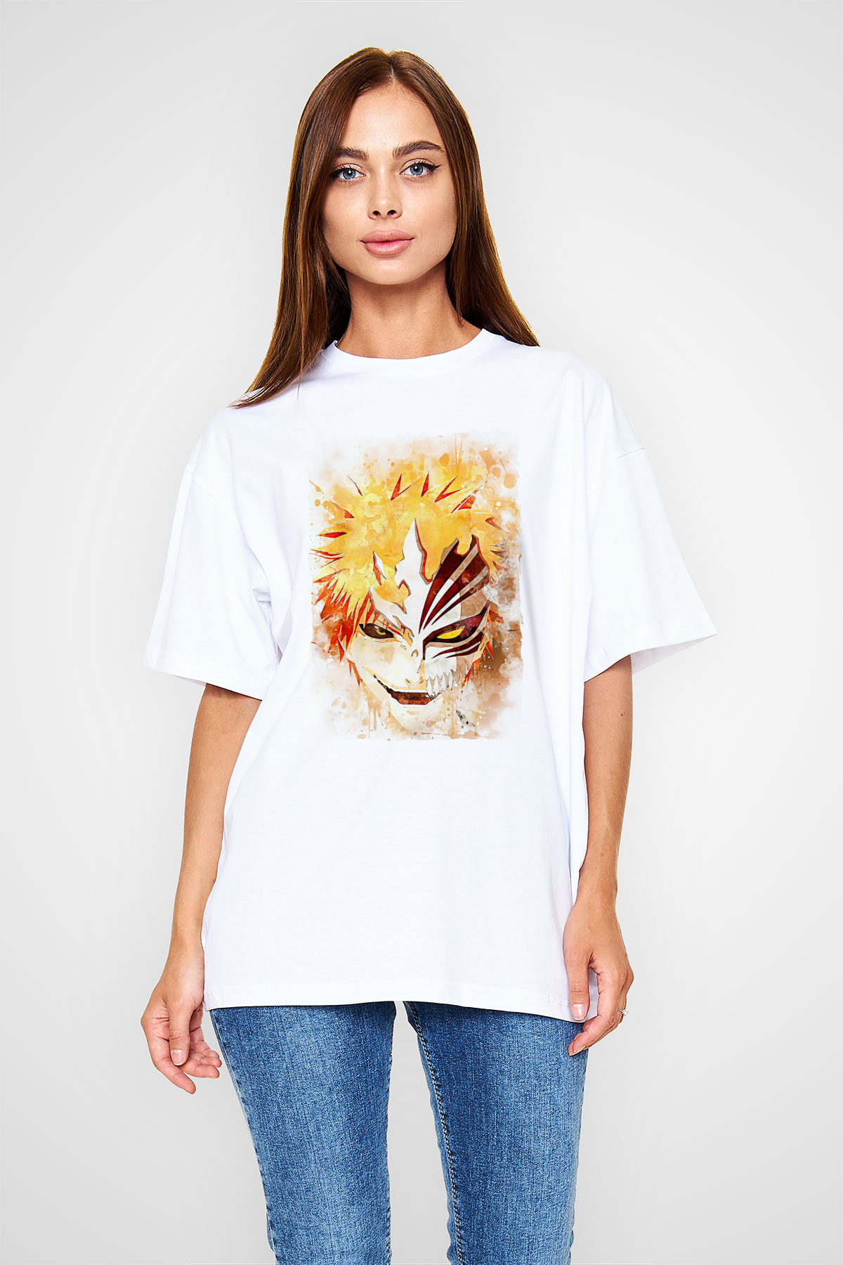 Bleach Baskılı Beyaz Unisex Oversize Tişört - Tshirt