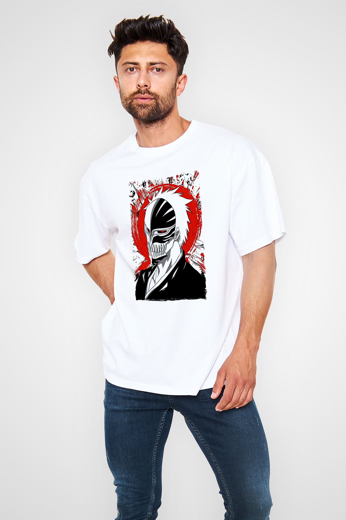 Bleach Baskılı Beyaz Unisex Oversize Tişört - Tshirt
