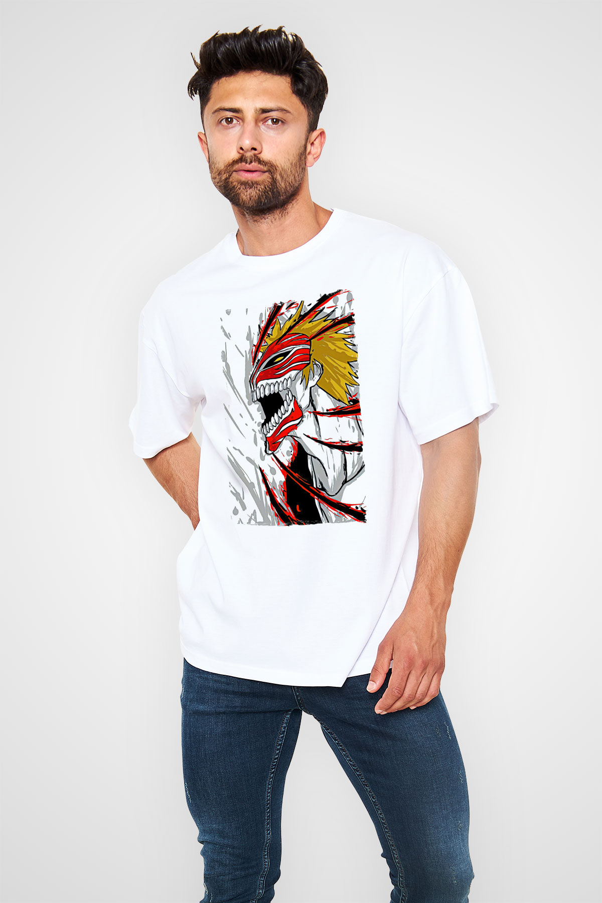 Bleach Baskılı Beyaz Unisex Oversize Tişört - Tshirt