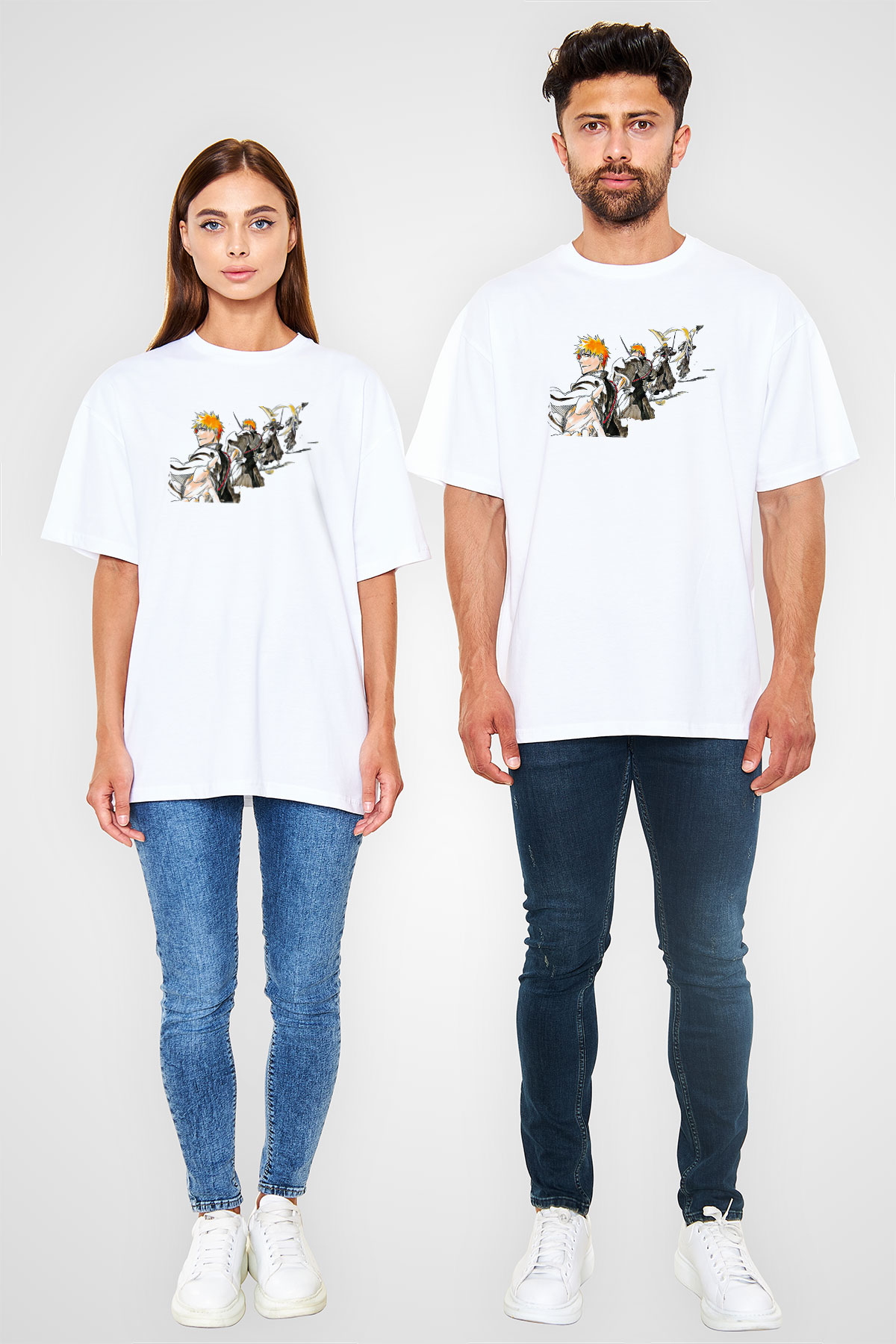 Bleach Baskılı Beyaz Unisex Oversize Tişört - Tshirt