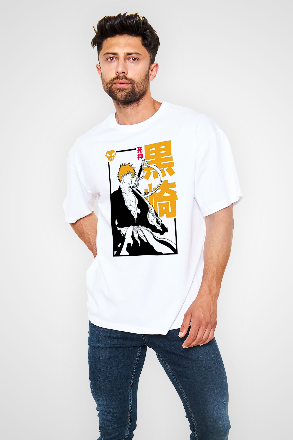 Bleach Baskılı Beyaz Unisex Oversize Tişört - Tshirt