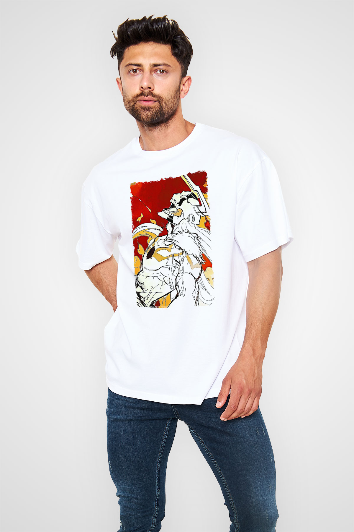 Bleach Baskılı Beyaz Unisex Oversize Tişört - Tshirt