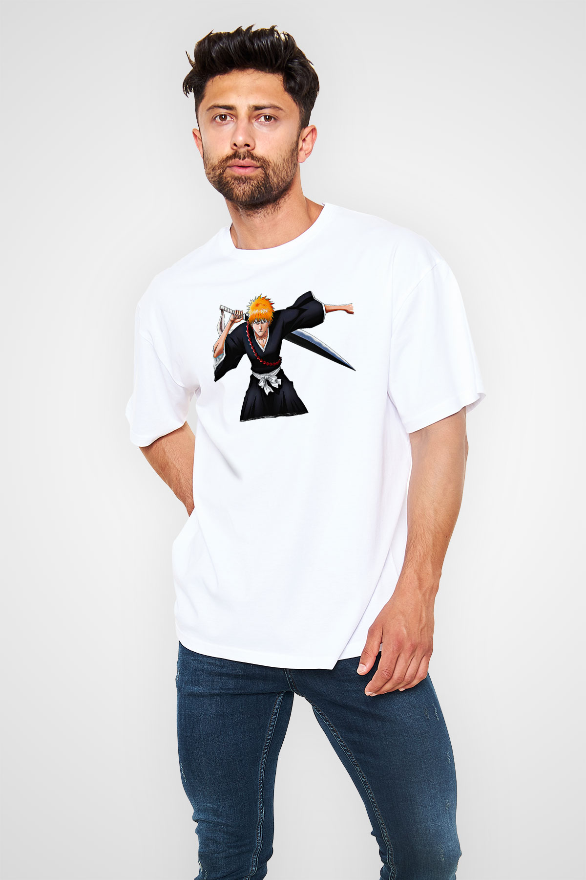 Bleach Baskılı Beyaz Unisex Oversize Tişört - Tshirt