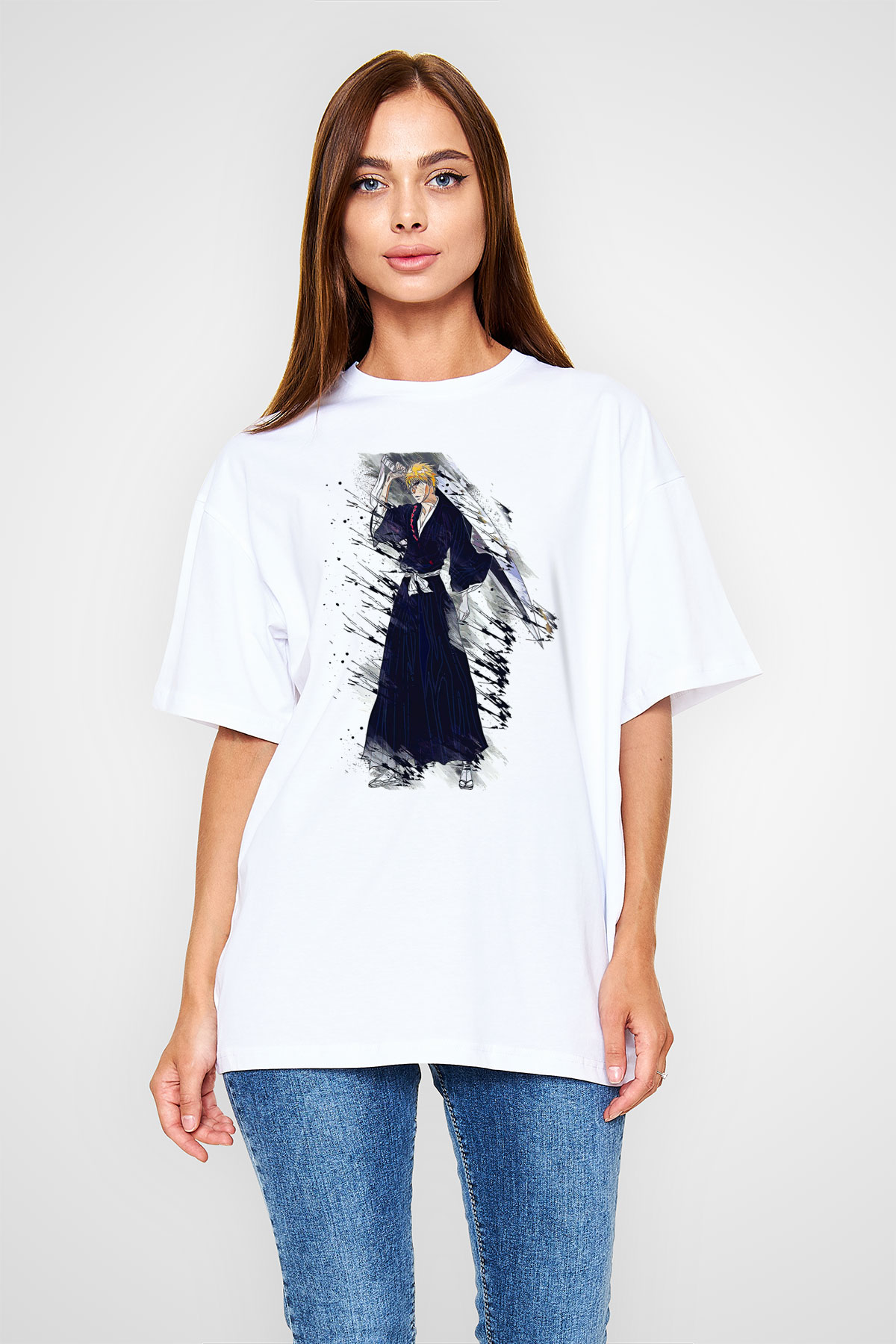 Bleach Baskılı Beyaz Unisex Oversize Tişört - Tshirt