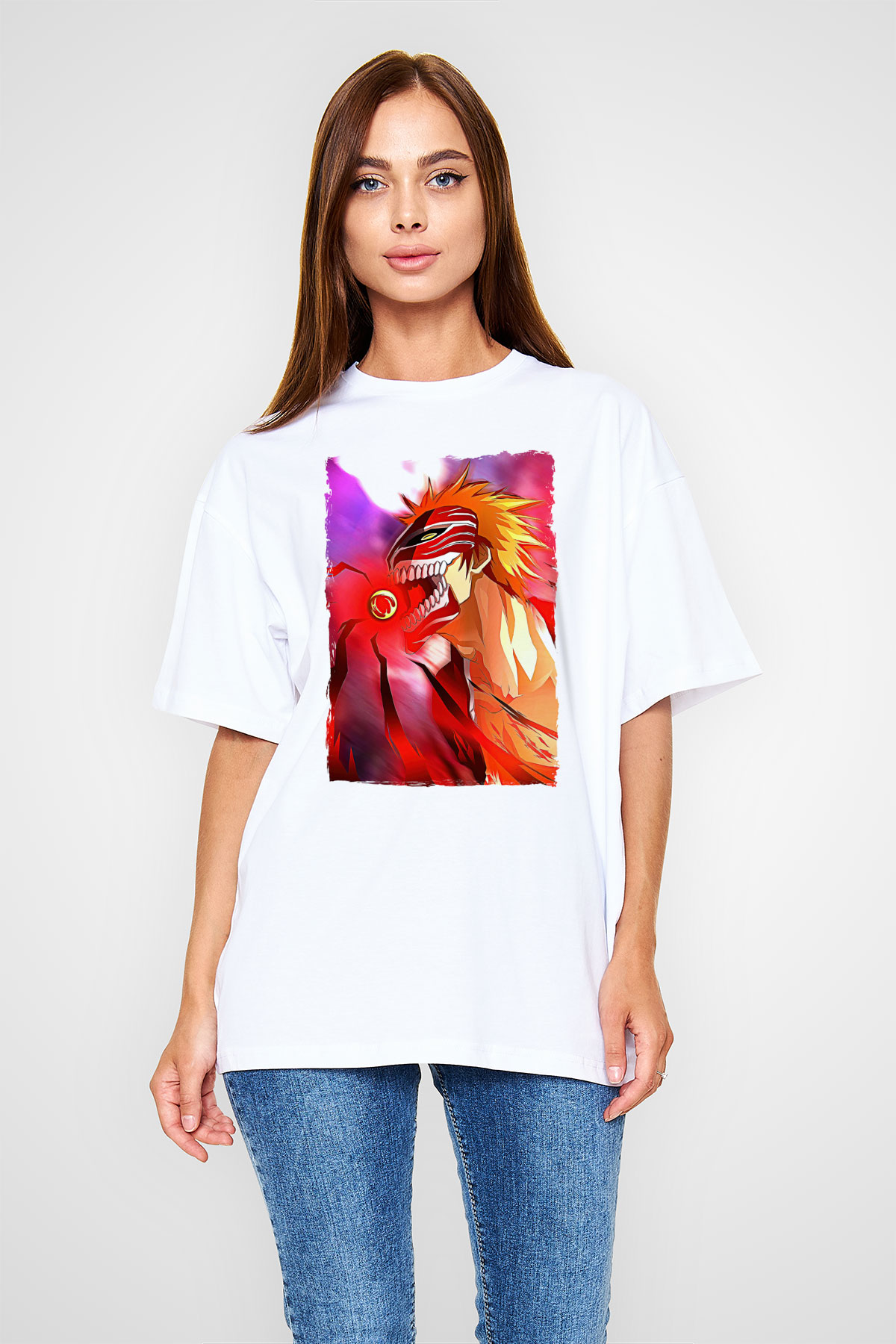 Bleach Baskılı Beyaz Unisex Oversize Tişört - Tshirt