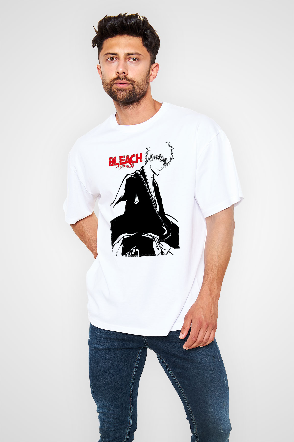 Bleach Baskılı Beyaz Unisex Oversize Tişört - Tshirt