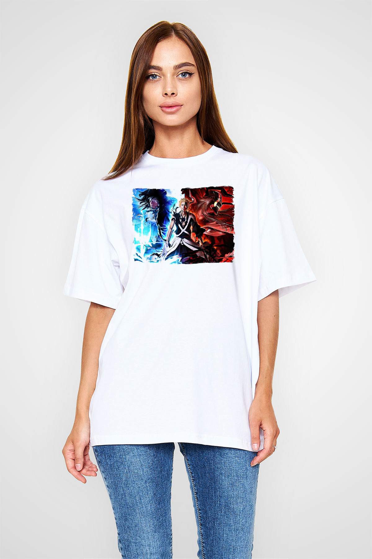 Bleach Baskılı Beyaz Unisex Oversize Tişört - Tshirt