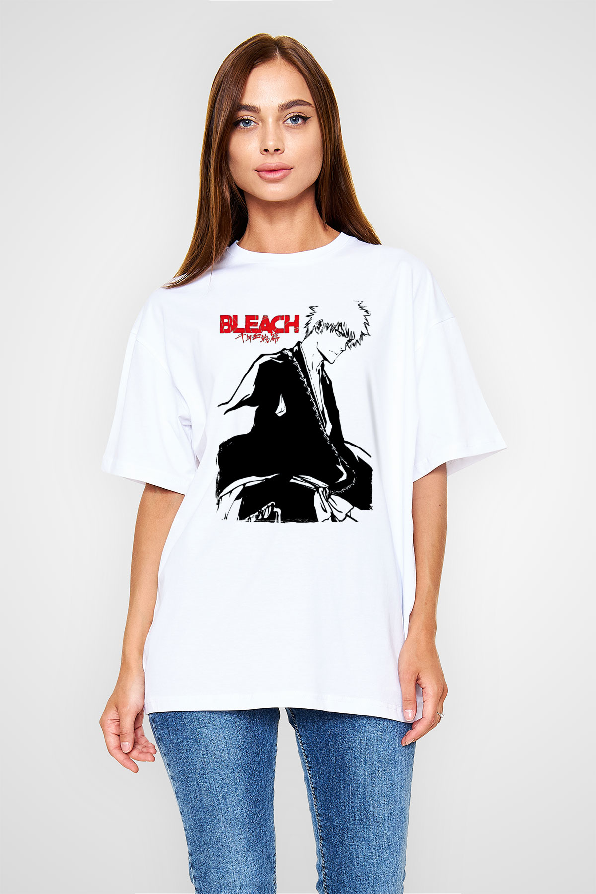 Bleach Baskılı Beyaz Unisex Oversize Tişört - Tshirt