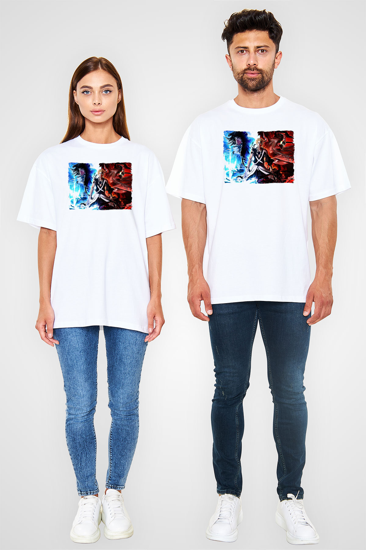 Bleach Baskılı Beyaz Unisex Oversize Tişört - Tshirt