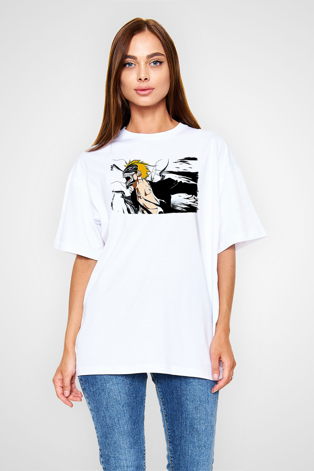 Bleach Baskılı Beyaz Unisex Oversize Tişört - Tshirt