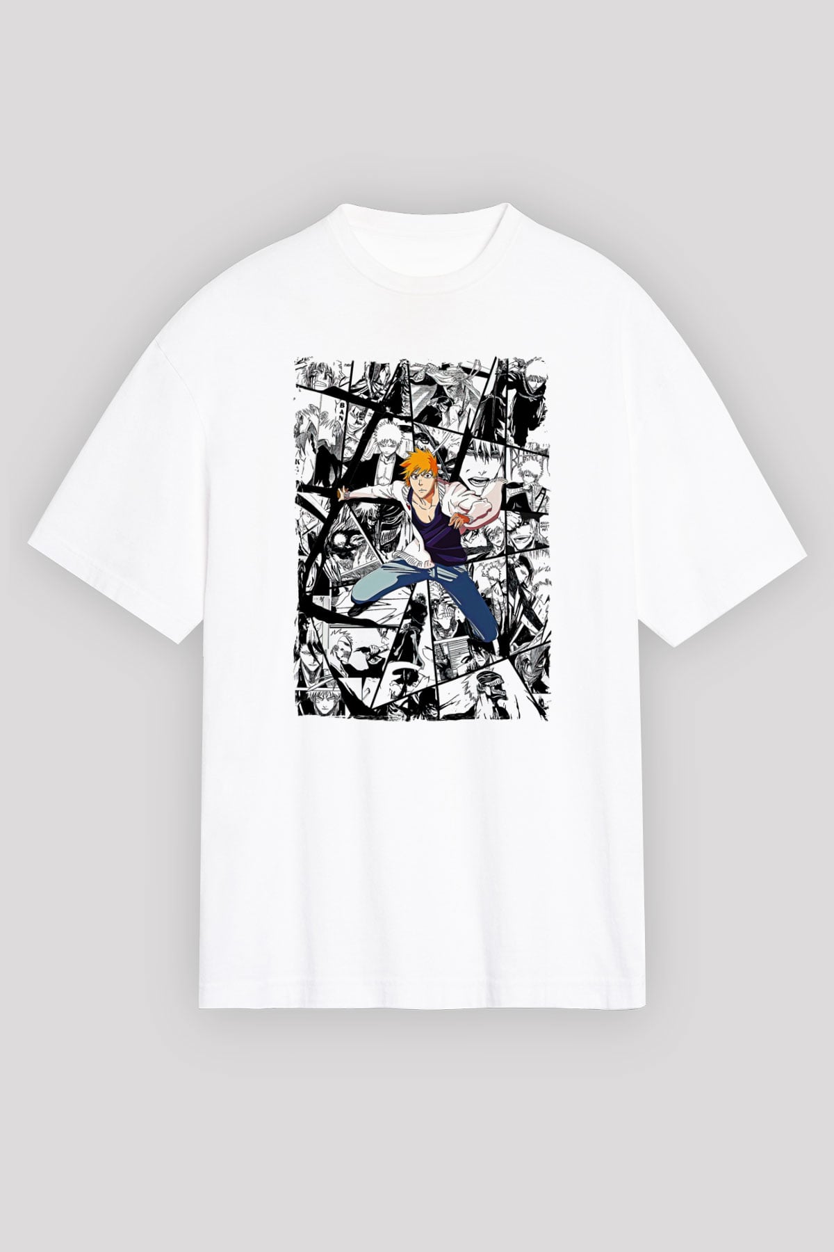 Bleach Baskılı Beyaz Unisex Oversize Tişört - Tshirt