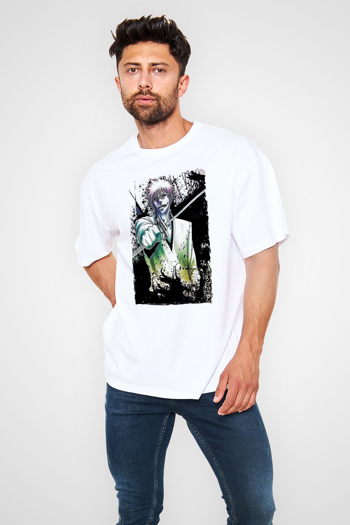Bleach Baskılı Beyaz Unisex Oversize Tişört - Tshirt