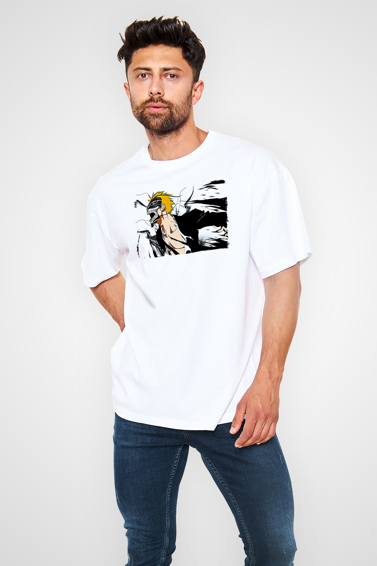 Bleach Baskılı Beyaz Unisex Oversize Tişört - Tshirt