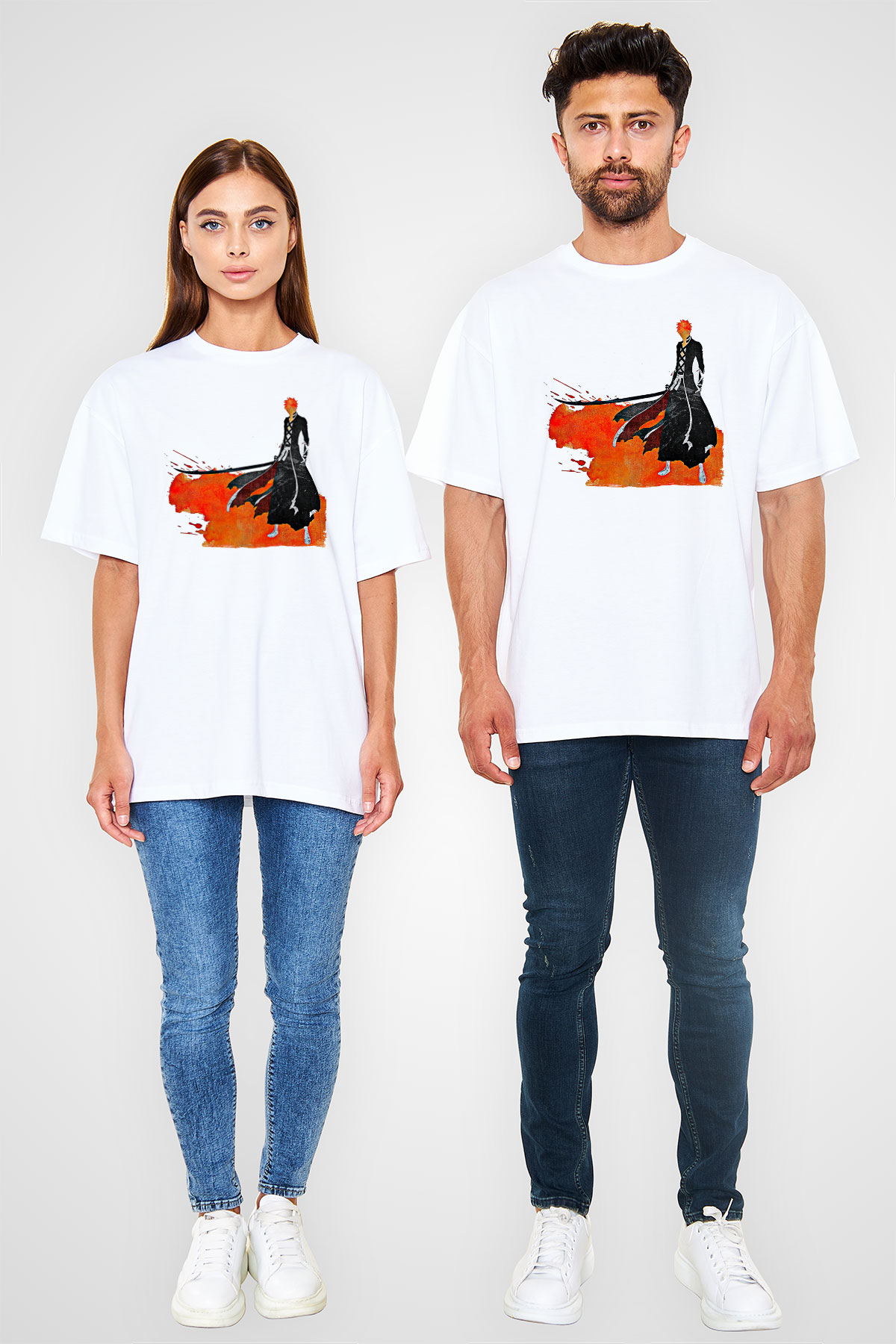 Bleach Baskılı Beyaz Unisex Oversize Tişört - Tshirt