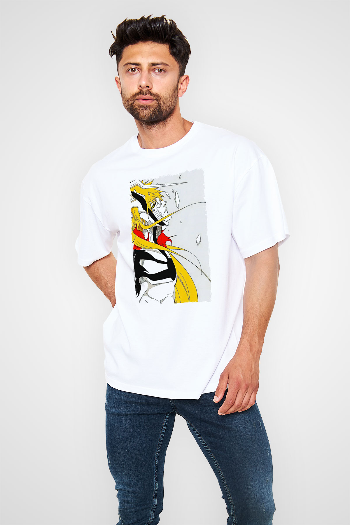 Bleach Baskılı Beyaz Unisex Oversize Tişört - Tshirt