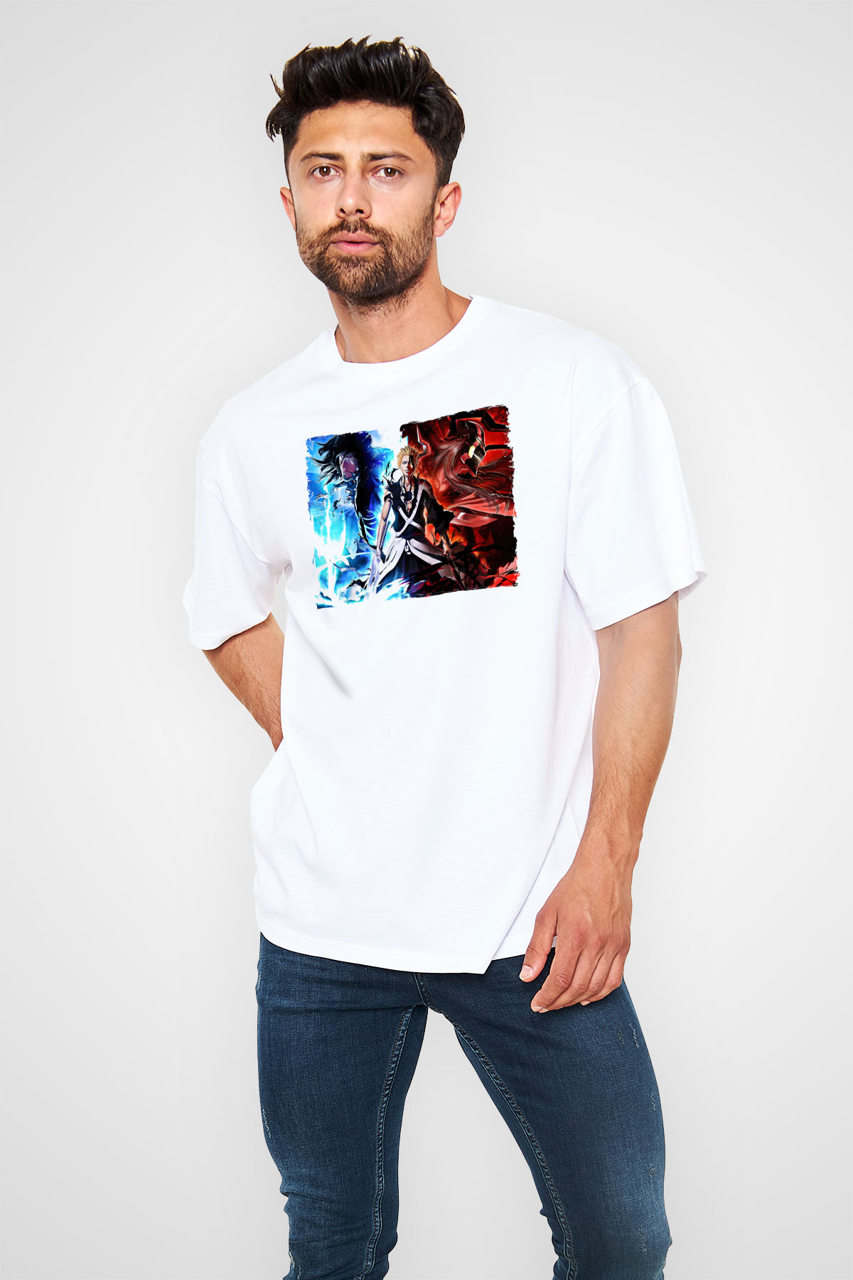 Bleach Baskılı Beyaz Unisex Oversize Tişört - Tshirt
