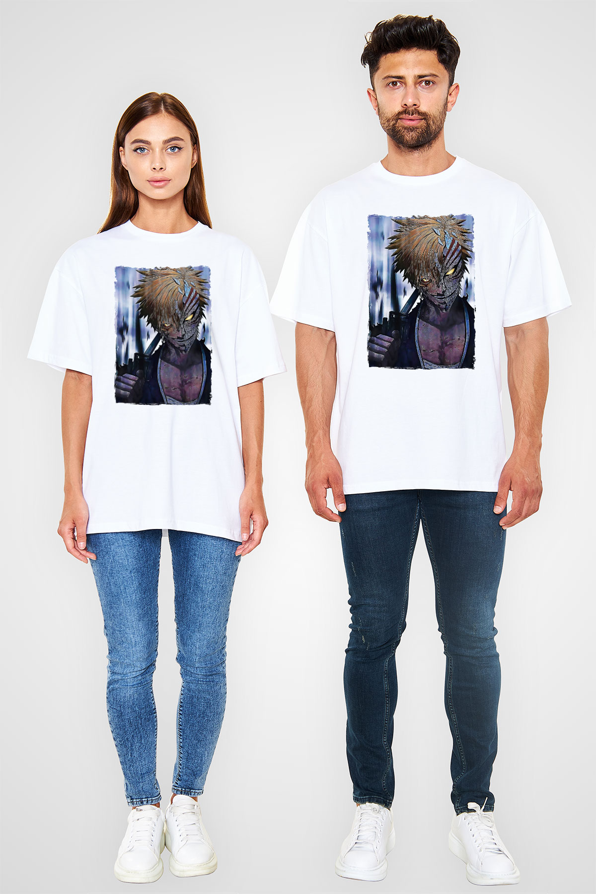 Bleach Baskılı Beyaz Unisex Oversize Tişört - Tshirt