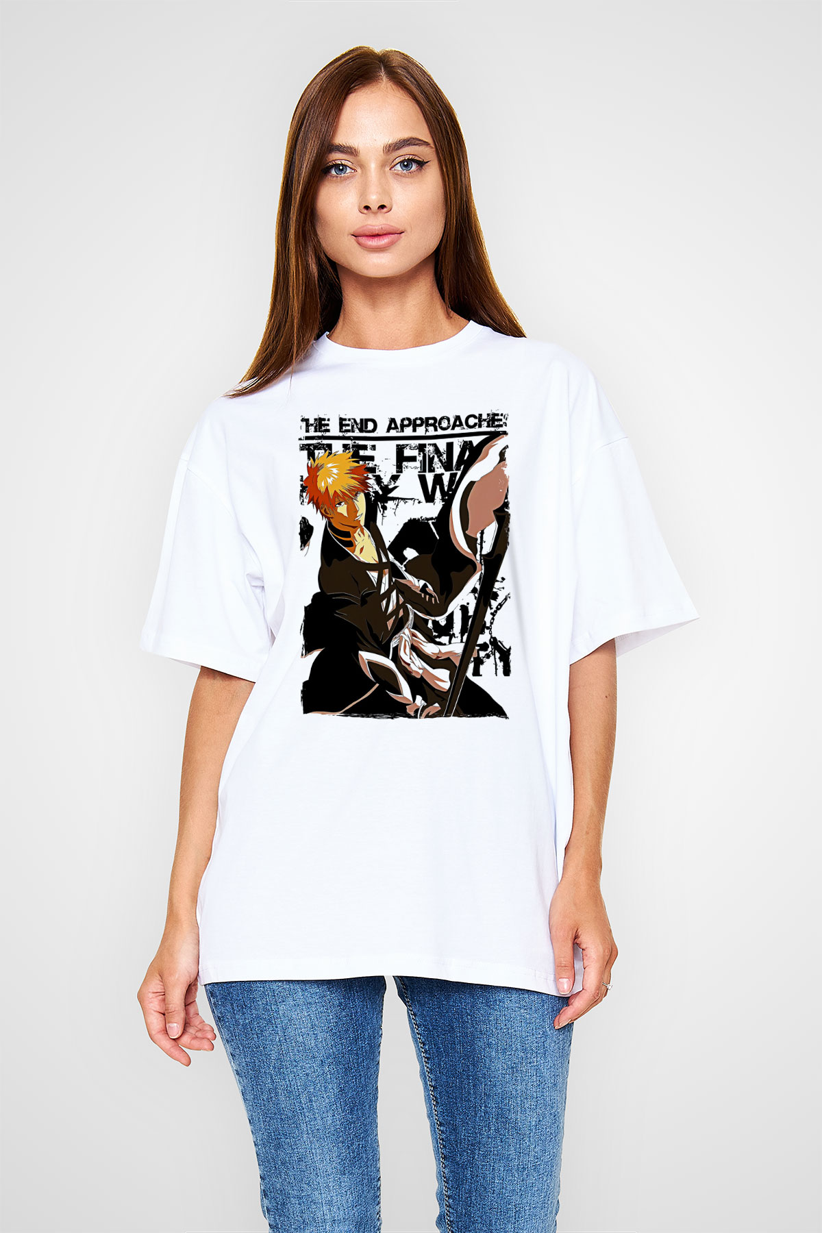 Bleach Baskılı Beyaz Unisex Oversize Tişört - Tshirt