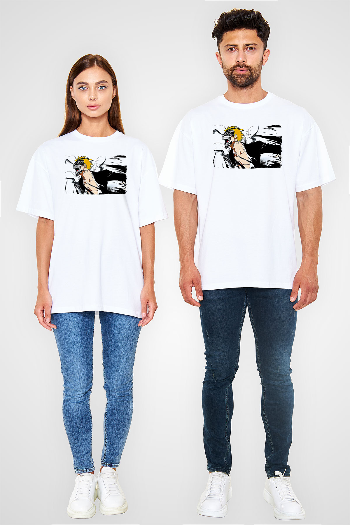 Bleach Baskılı Beyaz Unisex Oversize Tişört - Tshirt