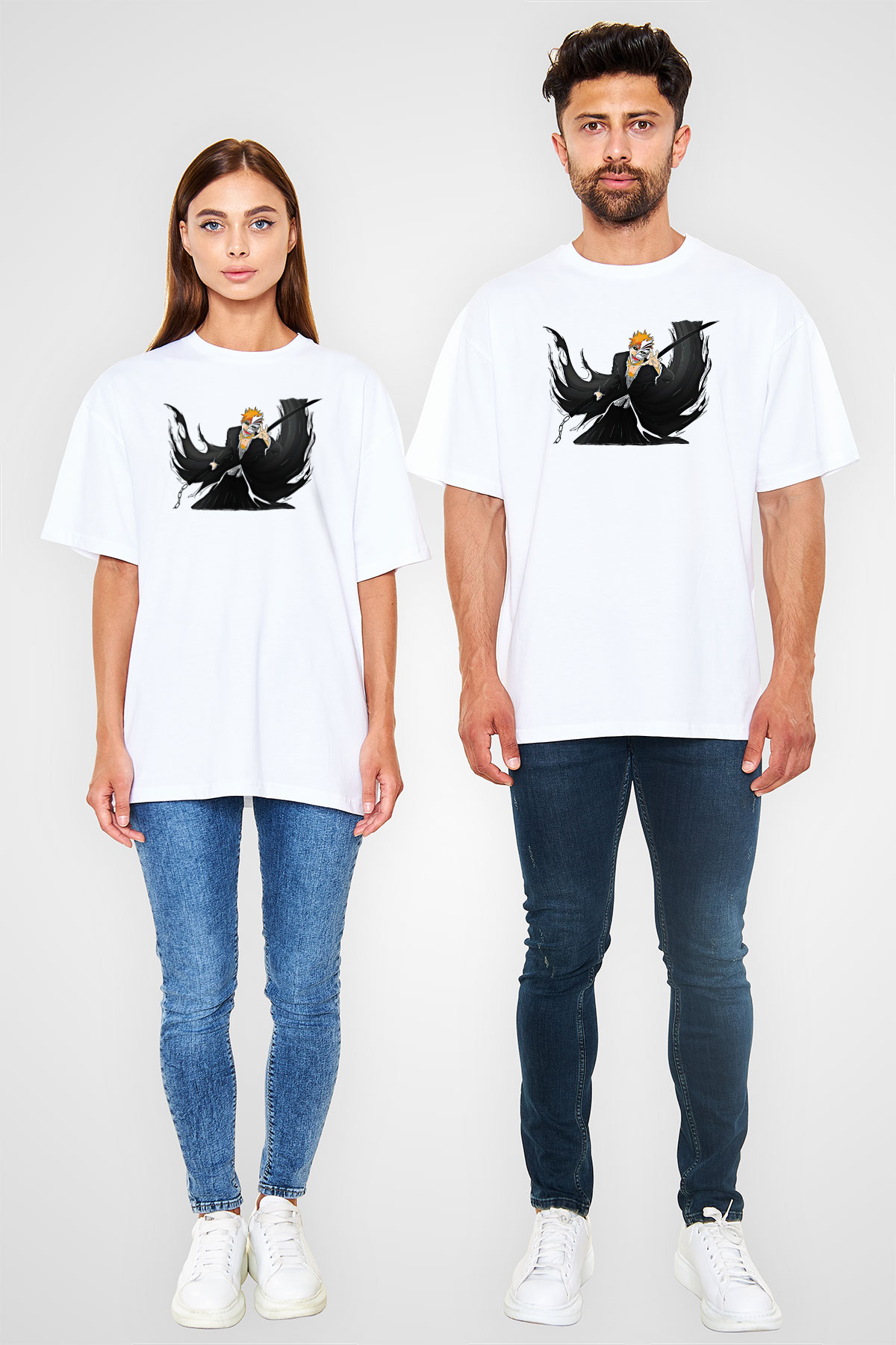 Bleach Baskılı Beyaz Unisex Oversize Tişört - Tshirt