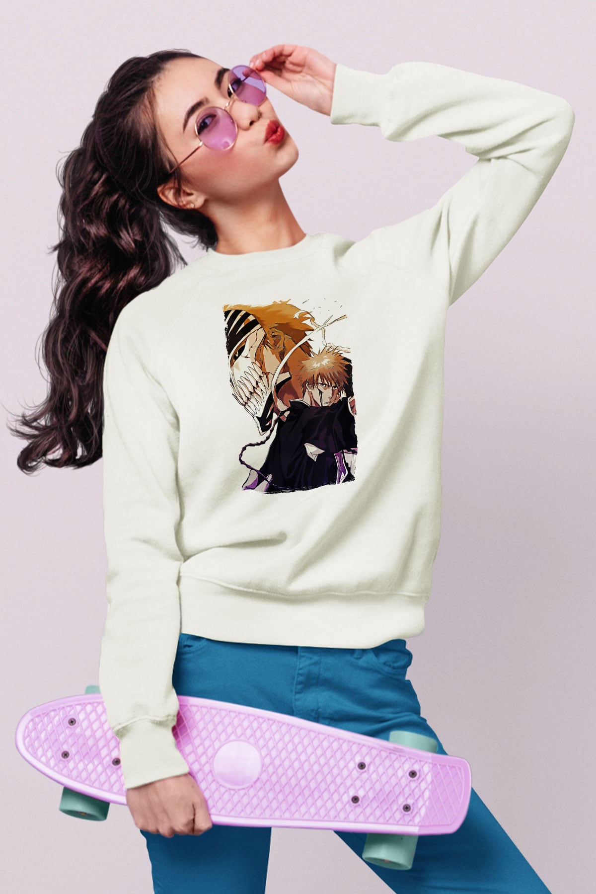 Bleach Baskılı Beyaz Unisex Sweatshirt
