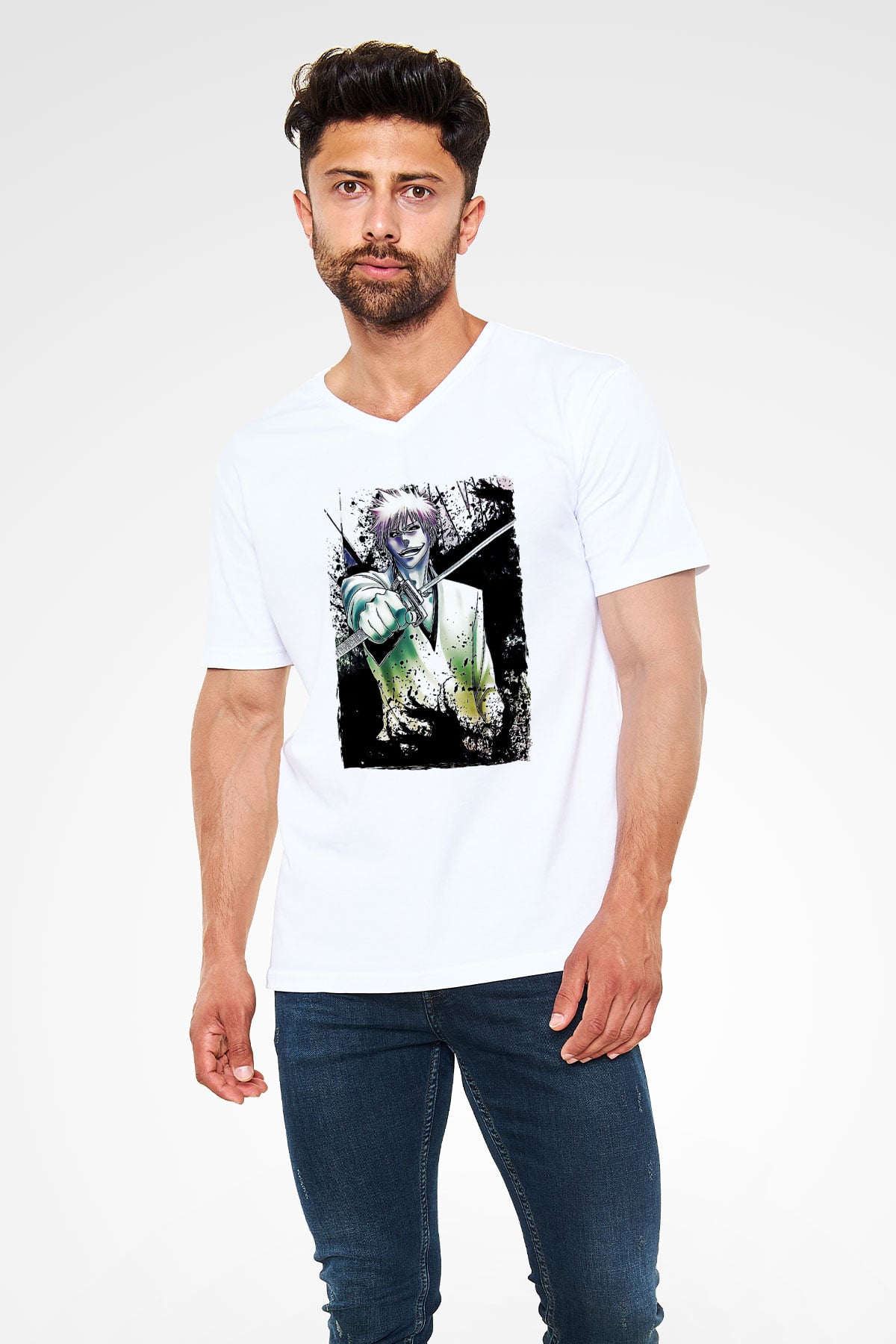 Bleach Baskılı Beyaz Unisex V Yaka Tişört - Tshirt