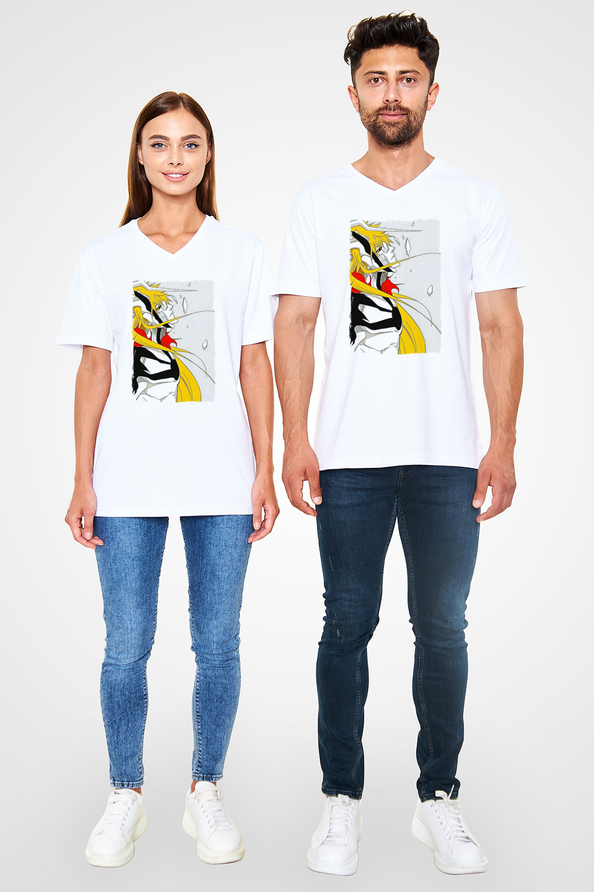 Bleach Baskılı Beyaz Unisex V Yaka Tişört - Tshirt