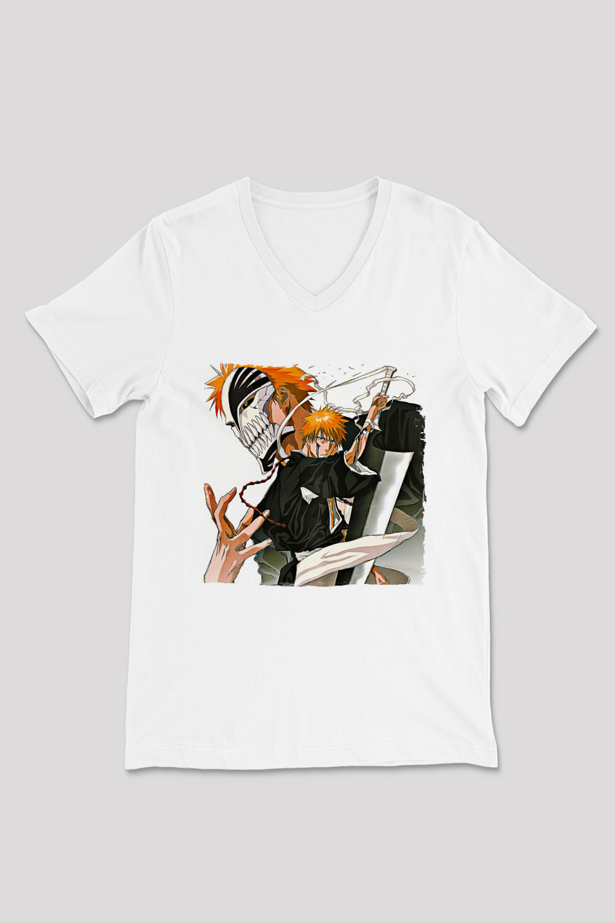 Bleach Baskılı Beyaz Unisex V Yaka Tişört - Tshirt