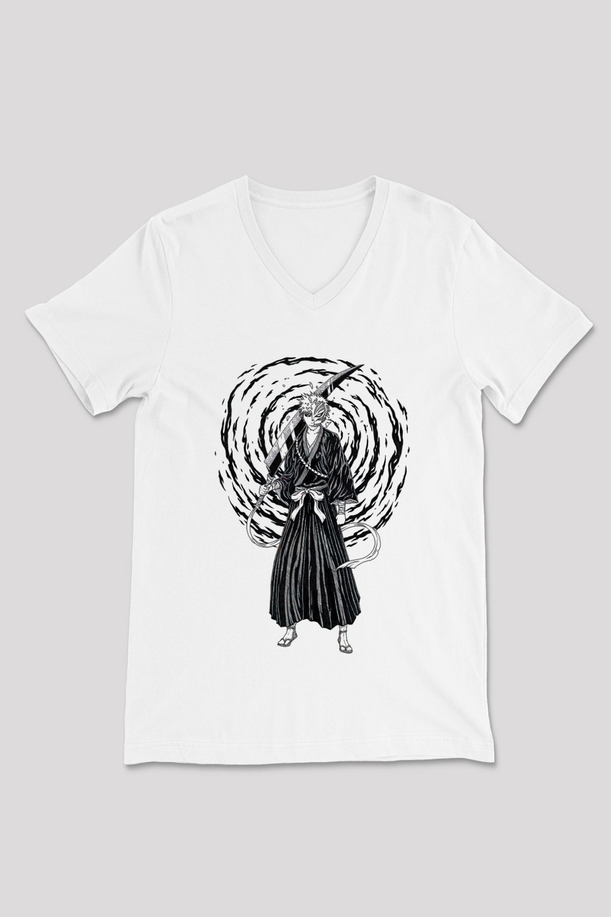 Bleach Baskılı Beyaz Unisex V Yaka Tişört - Tshirt